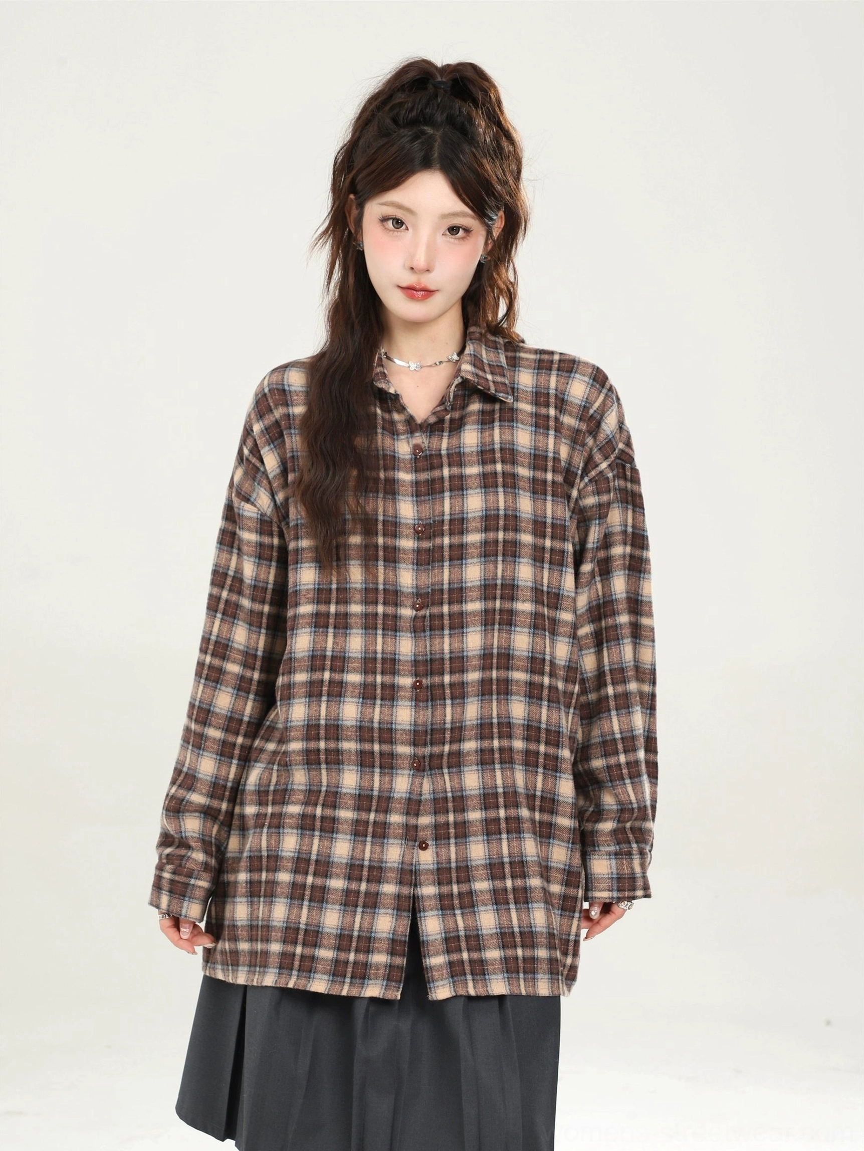 Relaxed plaid button-front boyfriend shirt Korean fashion product view 19