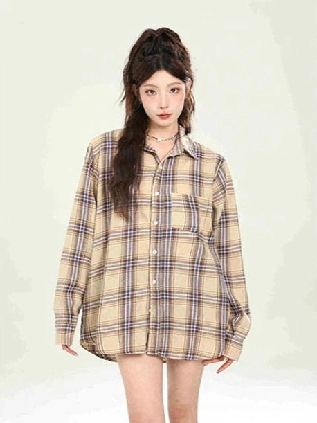 Relaxed plaid overshirt for Korean fashion layering product view 35