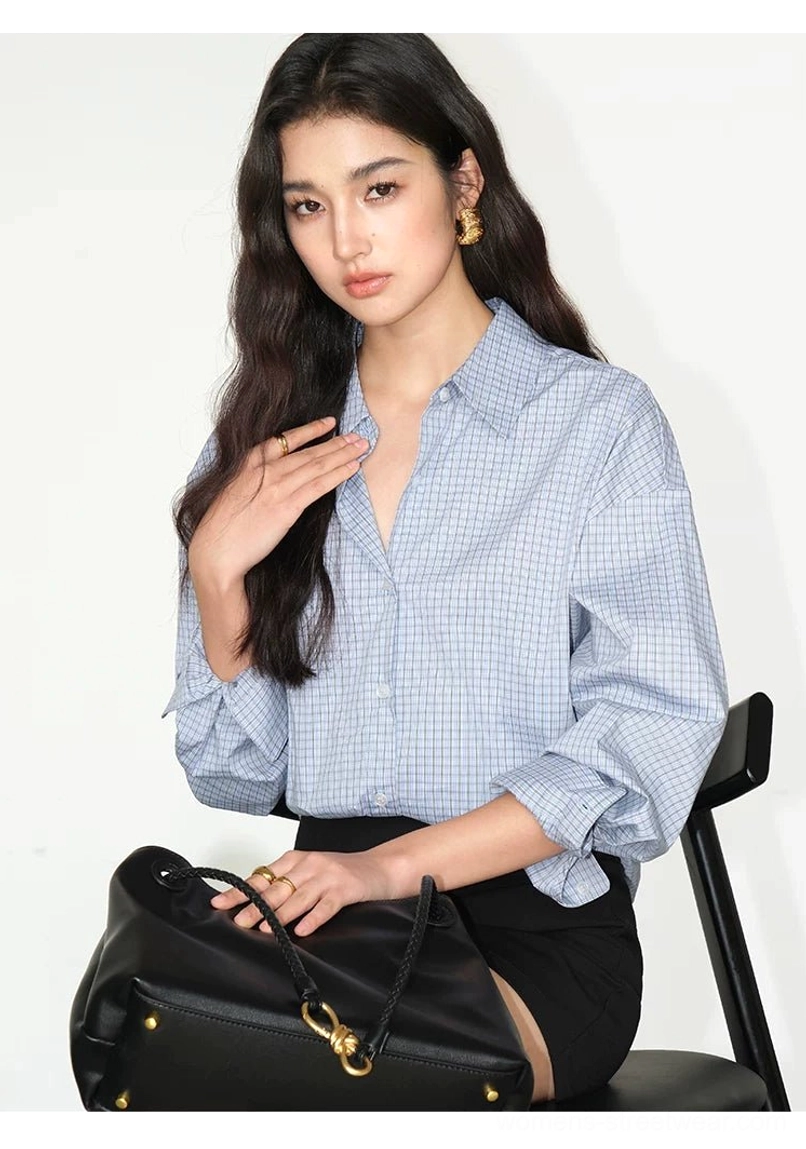 Relaxed stripe and gingham cotton blend oversized button-up shirt fabric and fit detail