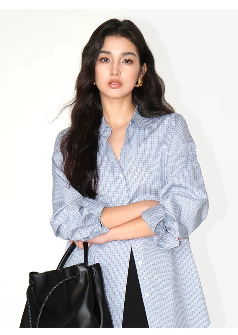 Relaxed stripe and gingham cotton blend oversized button-up shirt lightweight long sleeve styling view