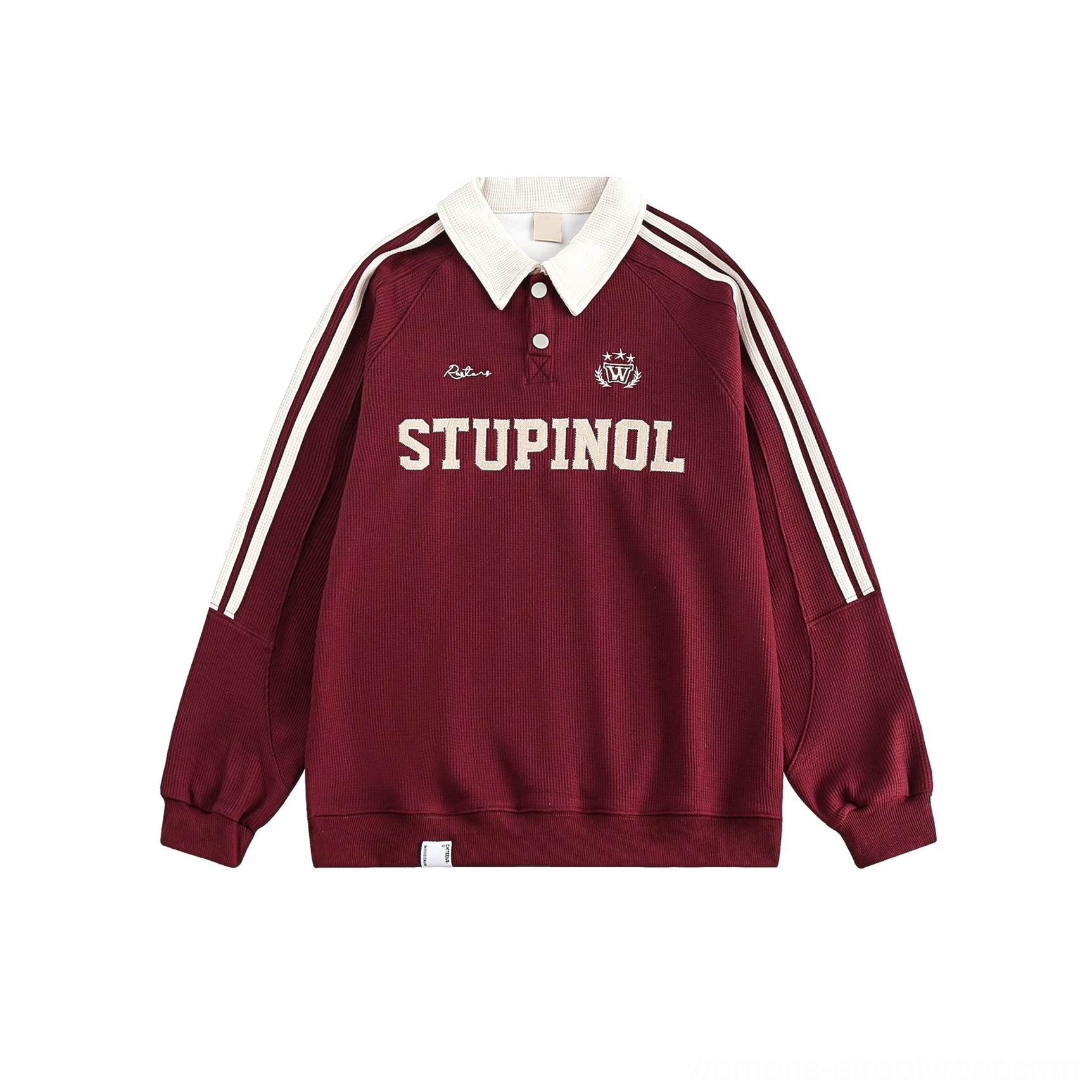 Relaxed varsity polo sweatshirt styling with contrast collar, sporty sleeve accents, and modern Korean streetwear proportions