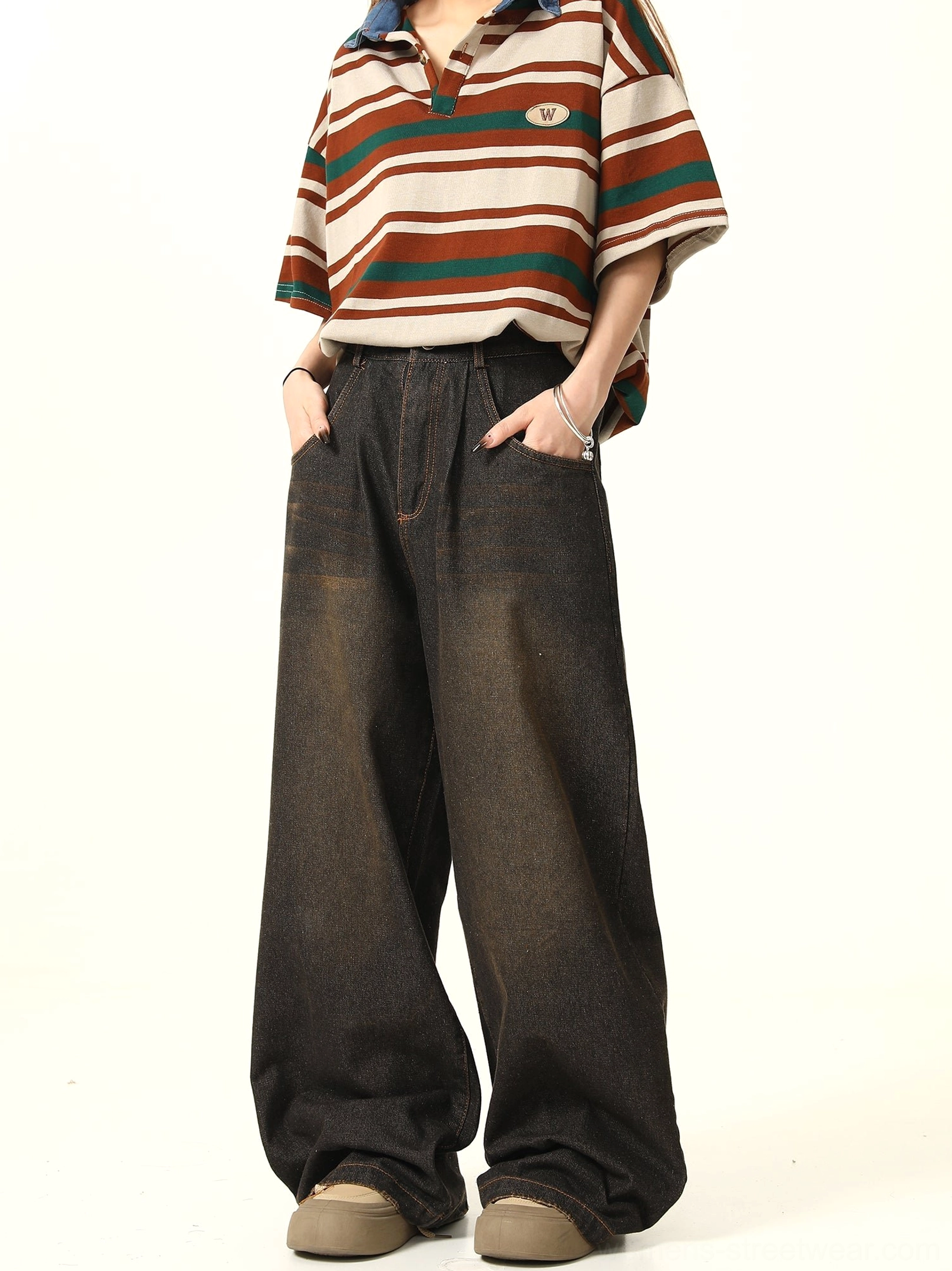 Relaxed wide leg denim jeans with vintage-inspired wash and contemporary Korean fashion proportions