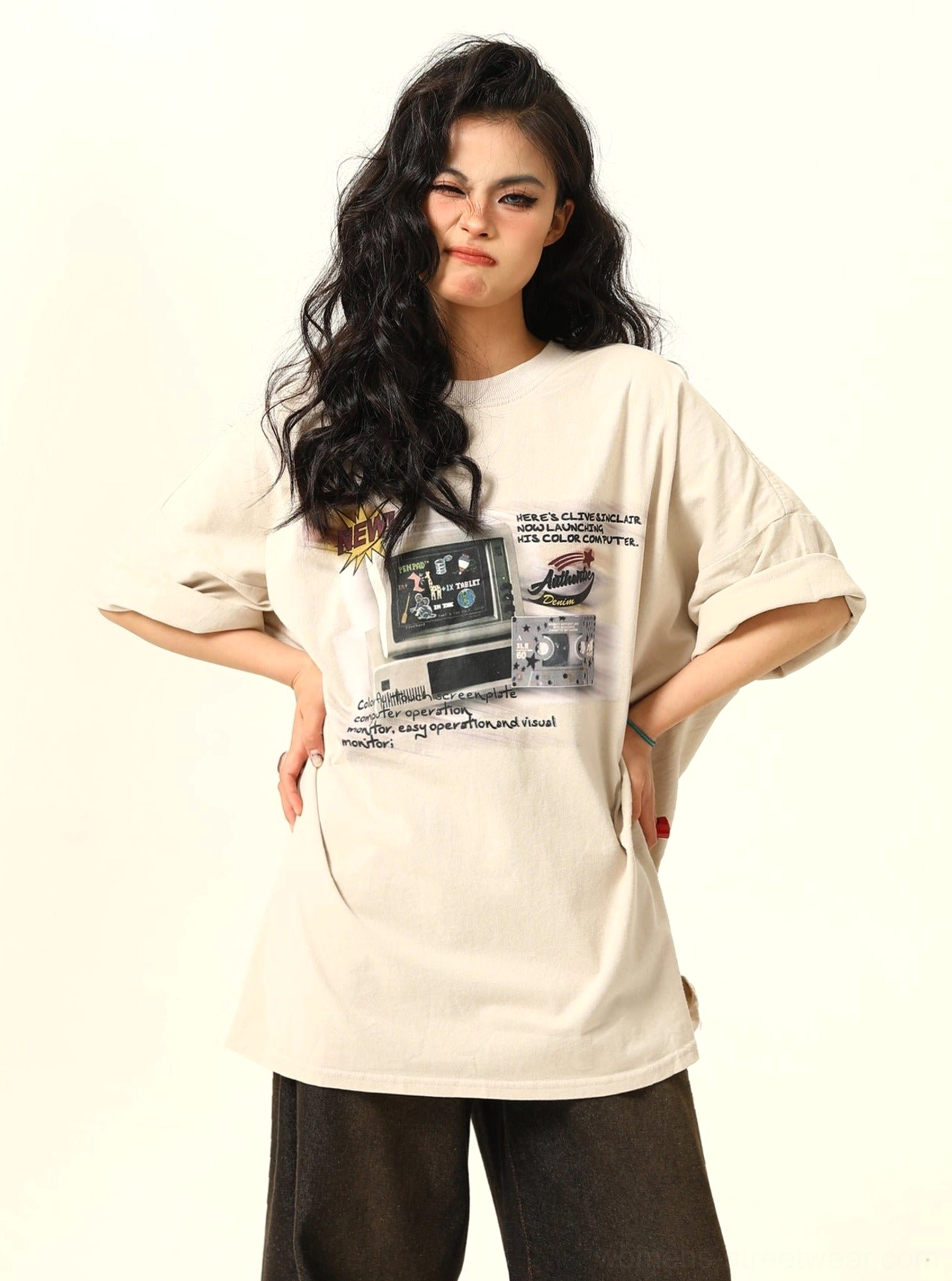 Apricot oversized retro gaming T-shirt for women with crew neck rolled sleeves and relaxed streetwear fit