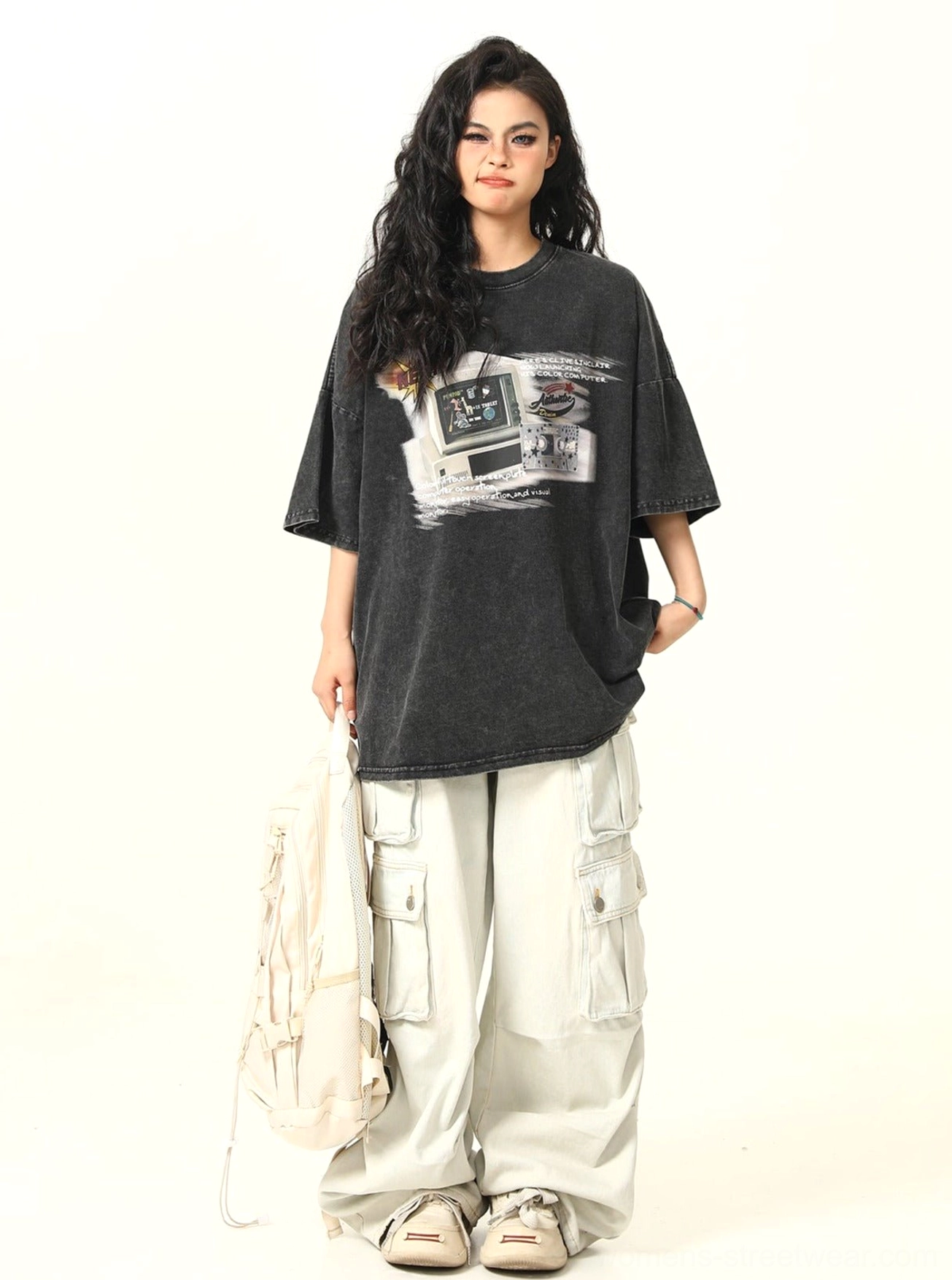 Retro gaming inspired oversized graphic T-shirt for women Korean streetwear styling view