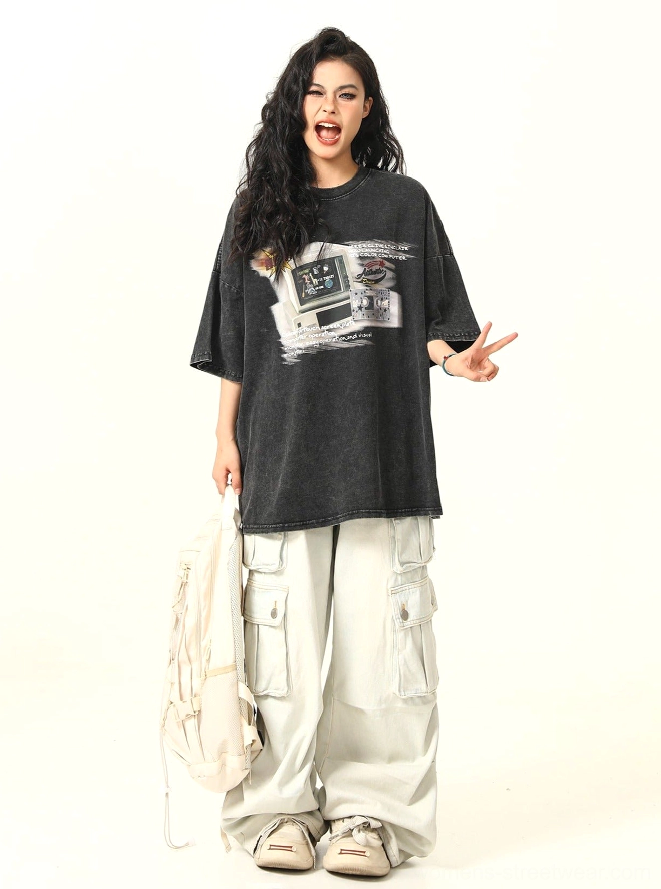 Oversized retro arcade T-shirt for women with crew neck and rolled short sleeves product view