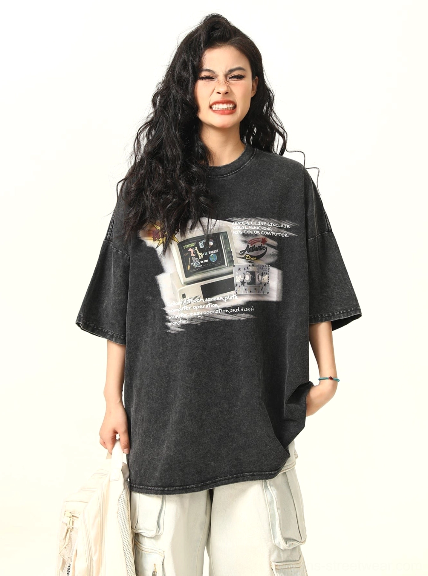 Retro arcade graphic oversized T-shirt for women streetwear product detail and styling view