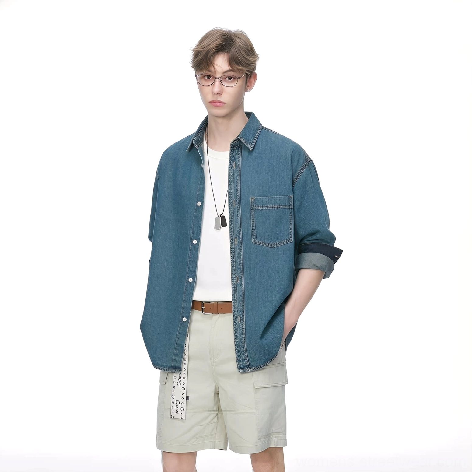 Retro Blue oversized denim shirt with a relaxed fit, washed finish, curved hem, and Korean streetwear-inspired styling