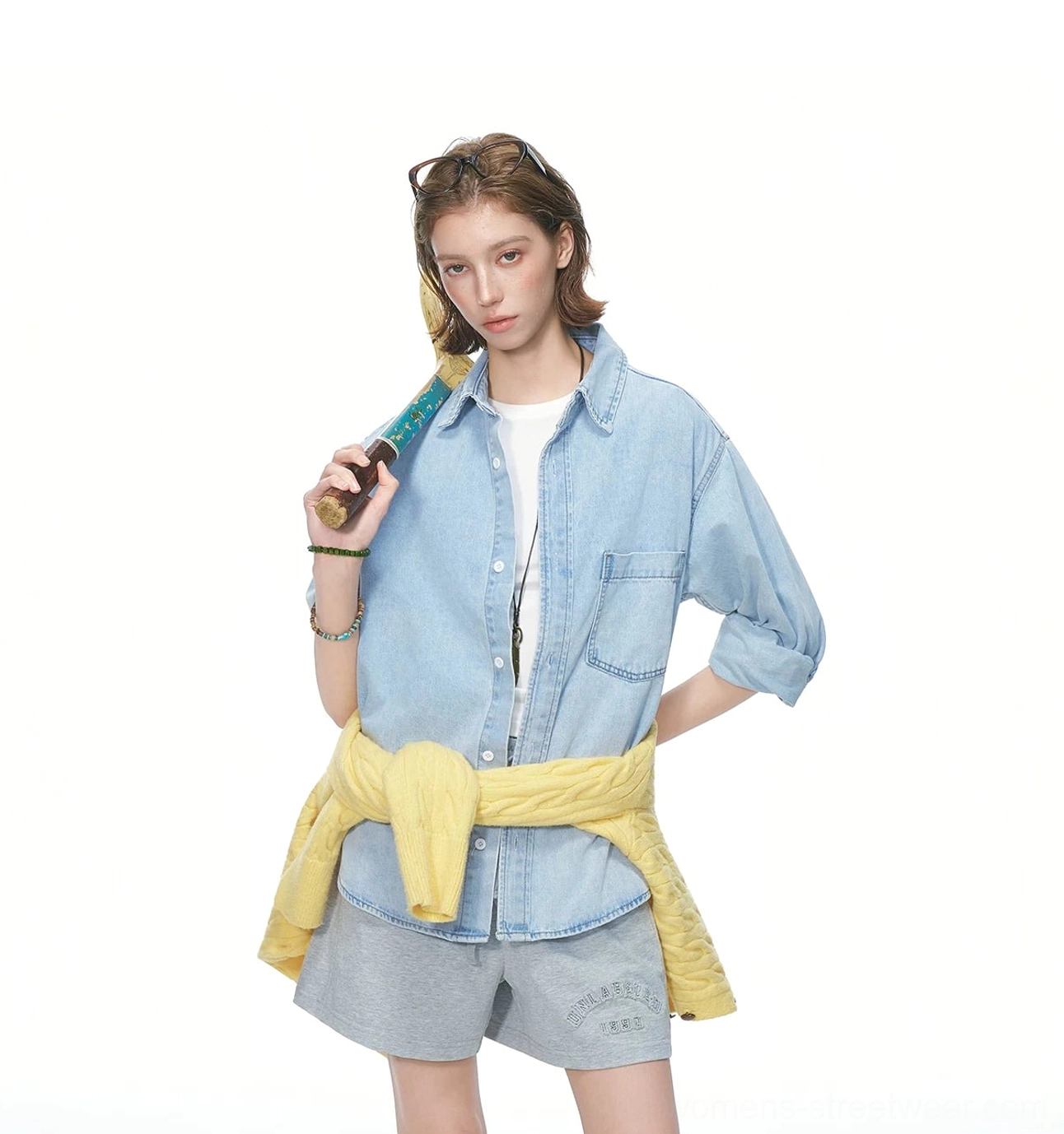 Retro blue oversized denim shirt with washed texture, dropped shoulders, and an easy unisex-inspired streetwear fit
