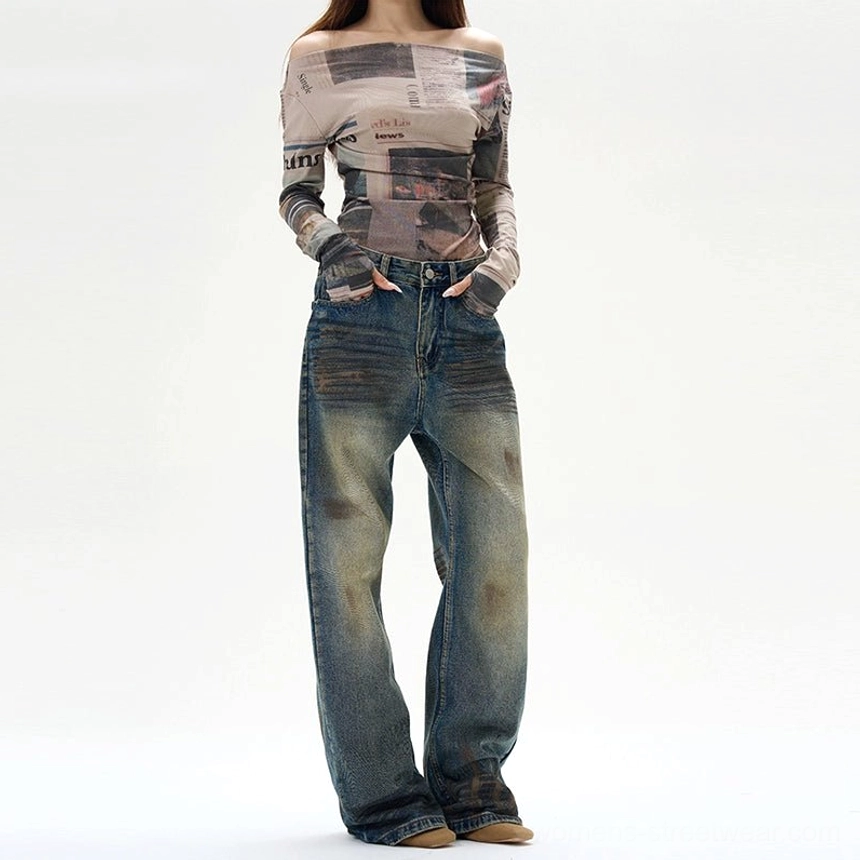 Retro blue unripped baggy denim jeans with loose wide-leg fit, classic five-pocket construction, and versatile streetwear styling