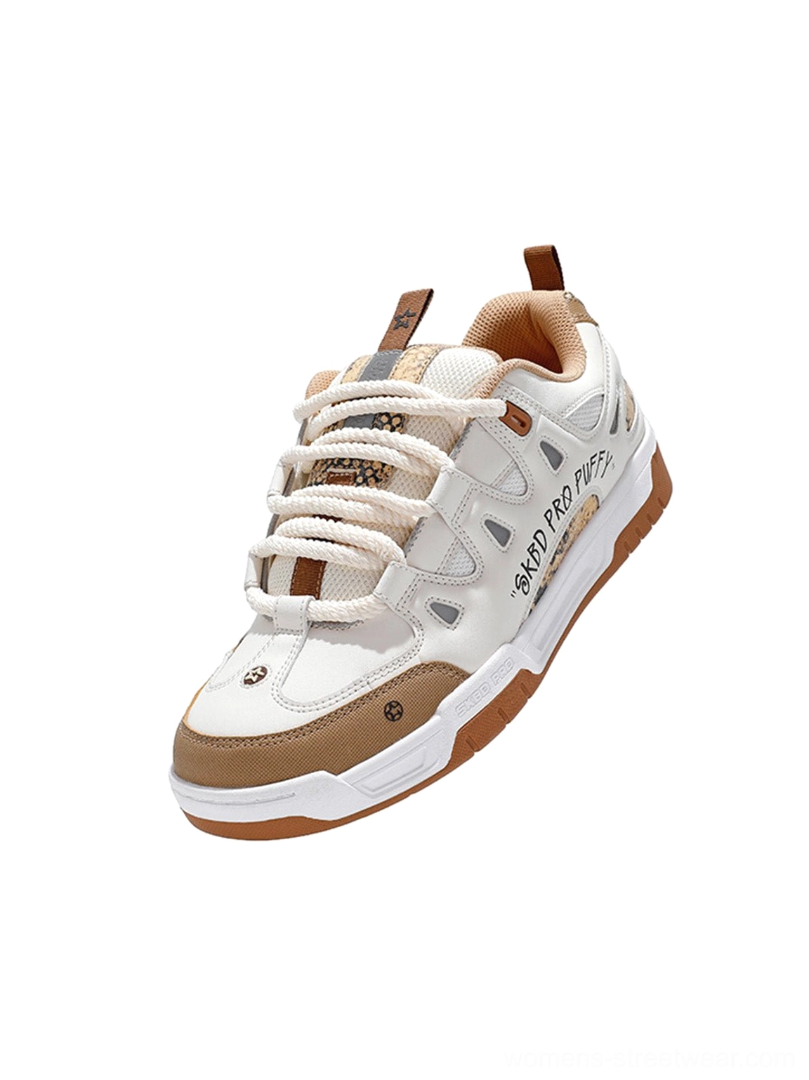 Single retro chunky skate sneaker with rounded toe cap, thick laces, contrast side panels, and substantial brown rubber outsole