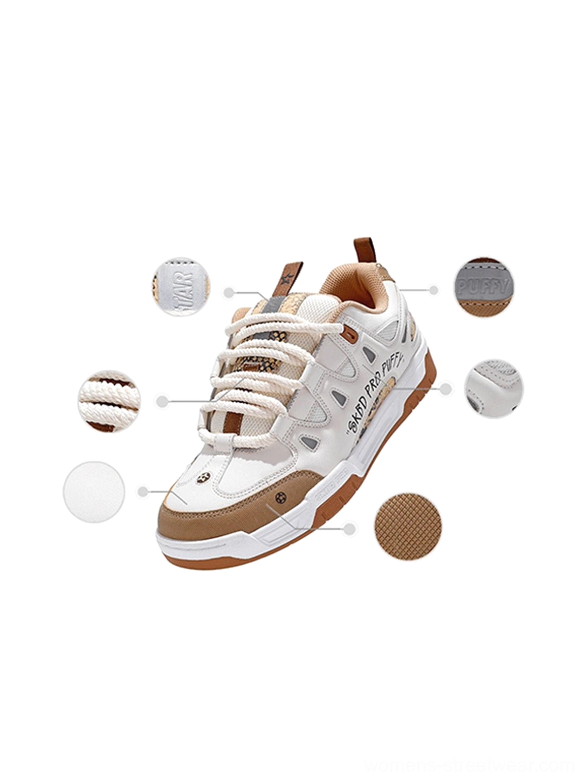 Retro chunky platform skate sneaker with layered upper material callouts, lace hardware, contrast panels, and streetwear construction details