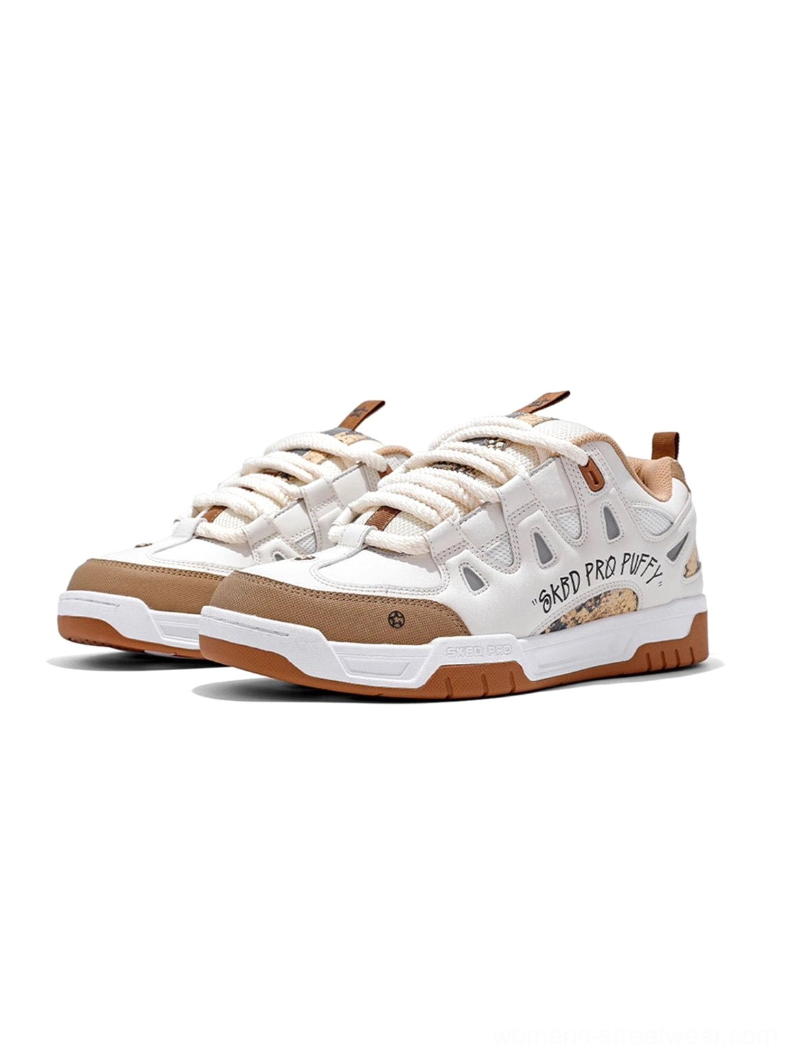 Pair of retro chunky platform skate sneakers showing lace-up construction, contrast panels, textured heel accents, and oversized streetwear sole