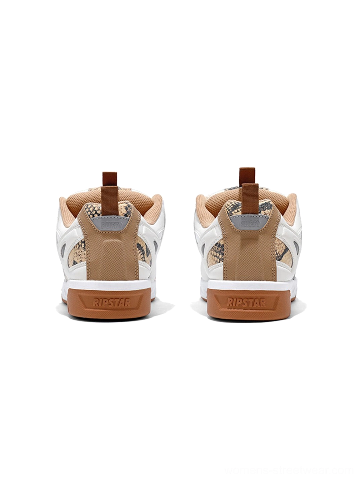 Rear view of paired retro platform skate sneakers with textured snake-print heel overlay, pull tabs, and chunky rubber soles