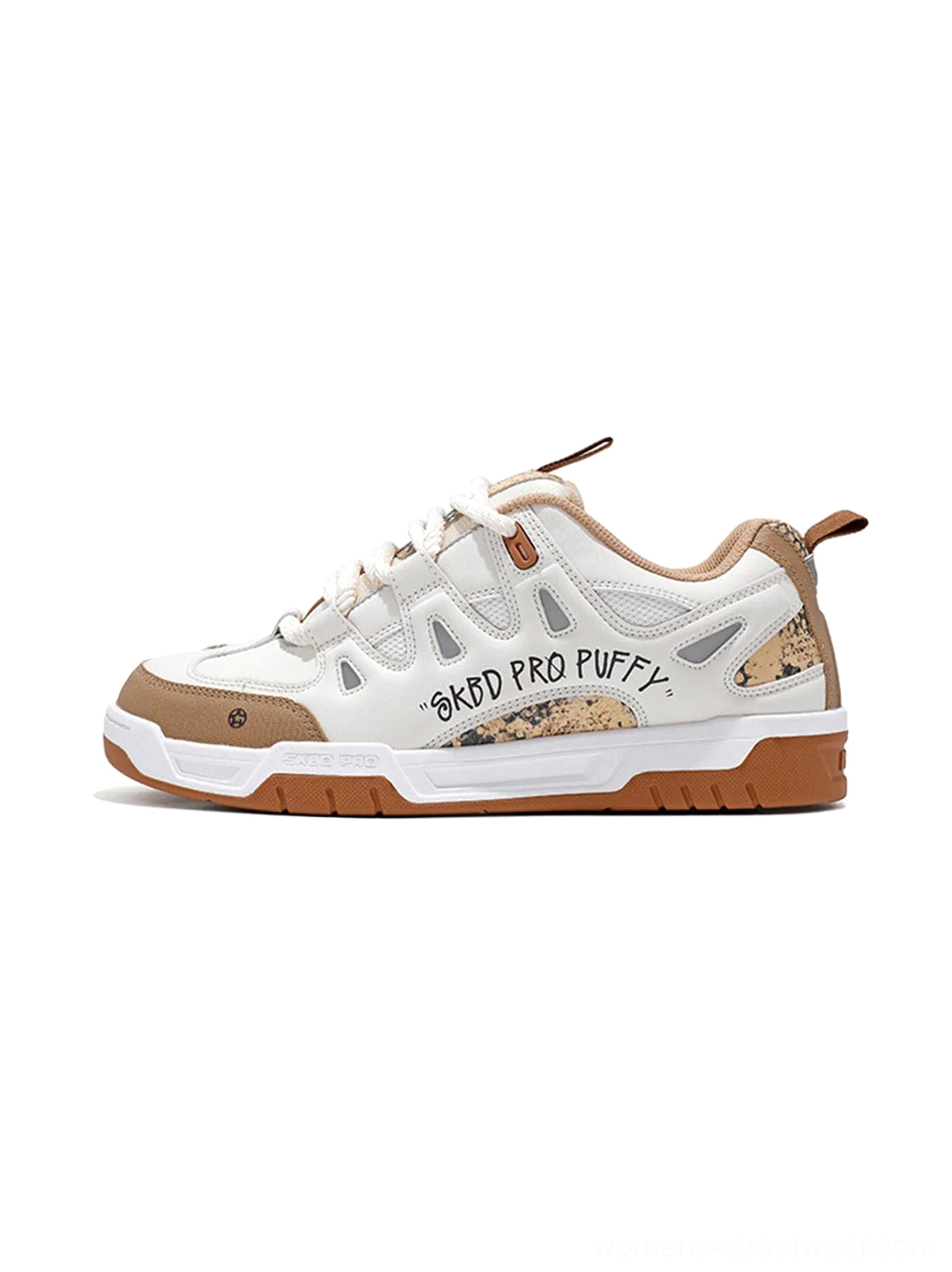 Retro chunky platform skate sneaker in a contrasting neutral colorway with snake-print heel panel and thick rubber cup sole