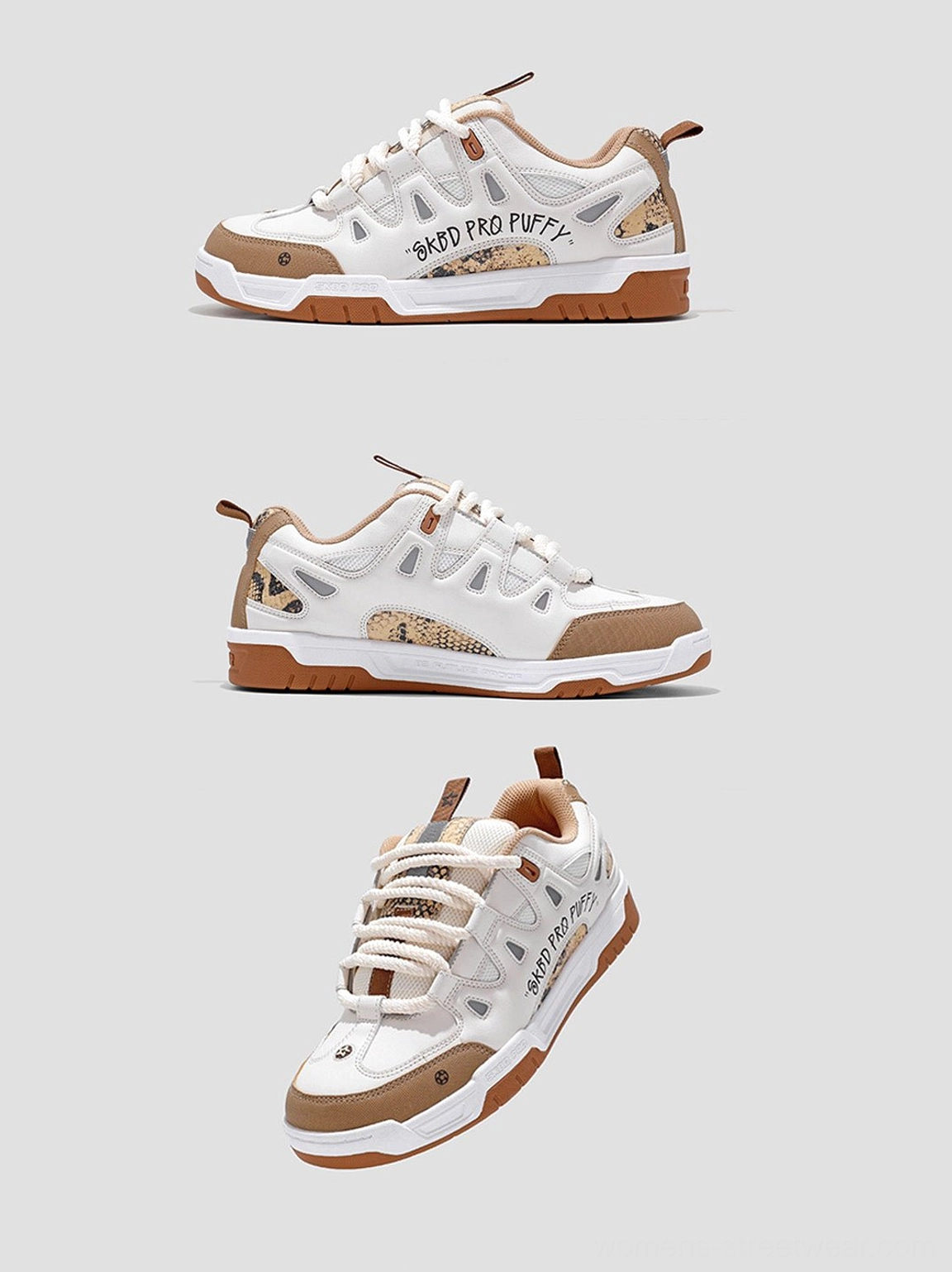 Multiple three-quarter views of retro chunky platform skate sneakers highlighting the thick sole, layered upper, side profile, and snake-print heel