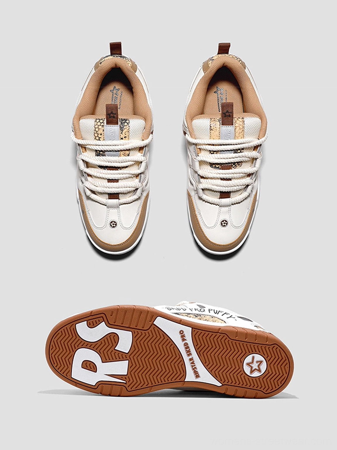 Top and outsole views of retro chunky platform skate sneakers showing lace-up front, inner lining, contrast color blocking, and textured heel detail