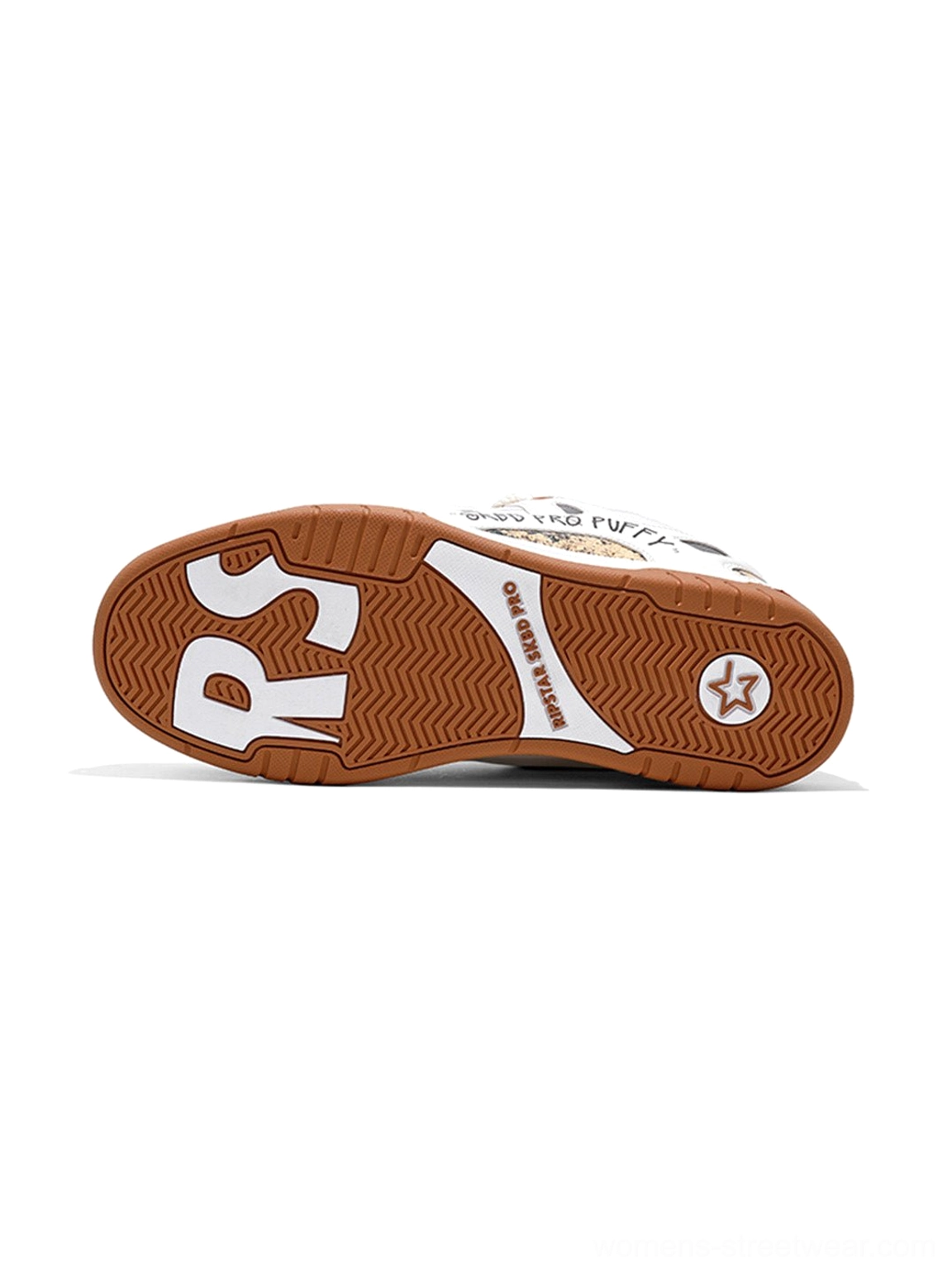 Close-up view of chunky skate sneaker rubber outsole with zigzag anti-slip tread pattern for everyday urban traction