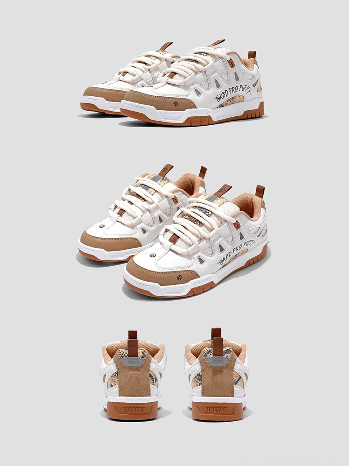 Grouped retro chunky skate sneakers displayed from front, low front, and rear angles with oversized platform sole and contrasting heel details