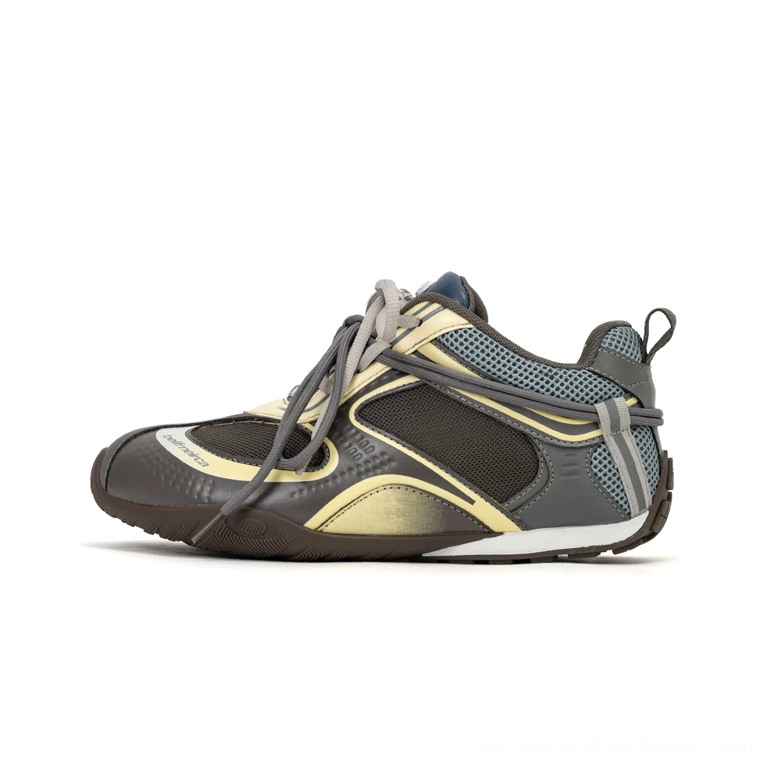 Retro color-blocked casual racing sneakers in dark gray, brown, yellow, and blue with breathable mesh upper and streamlined motorsport-inspired profile