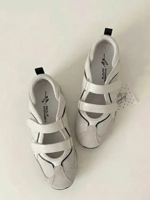 Retro colorblock Mary Jane strap sneakers with dual hook-and-loop closures, suede-like toe panels, and light neutral streetwear styling