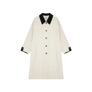 Beige and black retro contrast trim long trench coat for women flat lay front product view