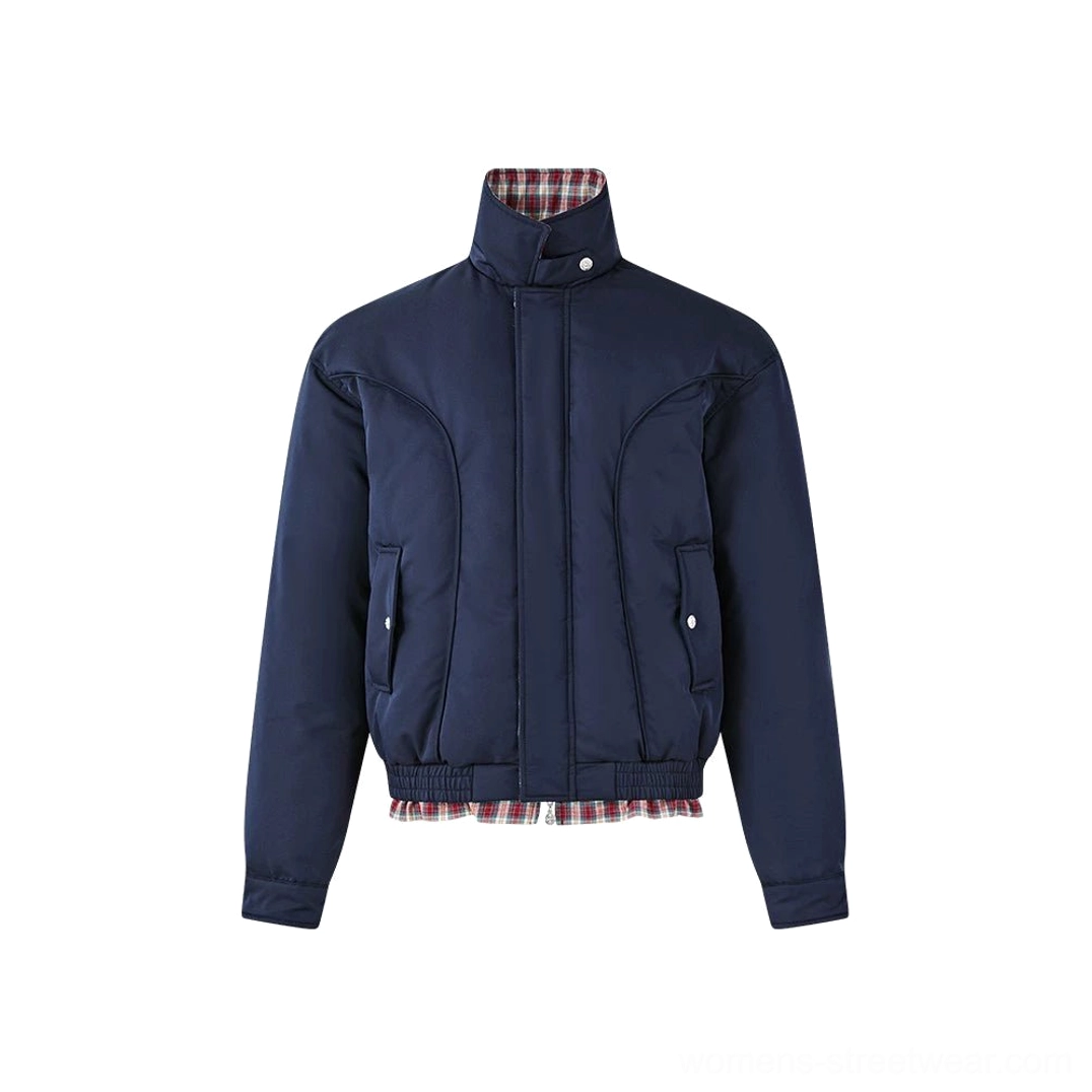 Retro cropped Harrington jacket product image with versatile navy color contrast lining and contemporary streetwear attitude