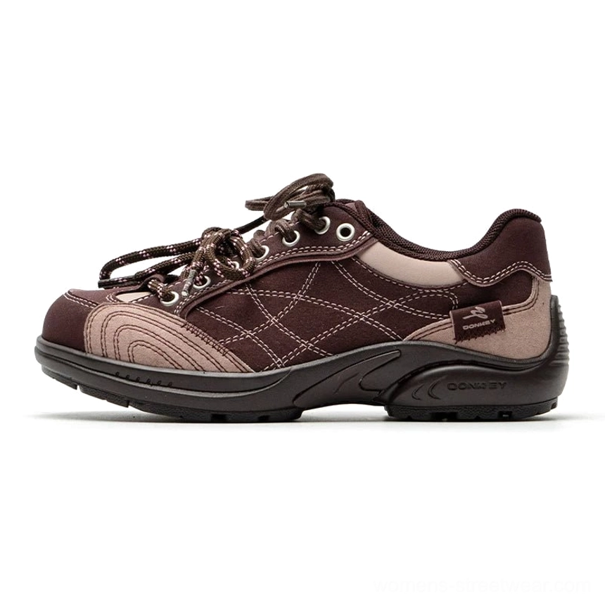 Brown and pink retro low-top runner sneakers with cross-stitched upper and two-tone sole