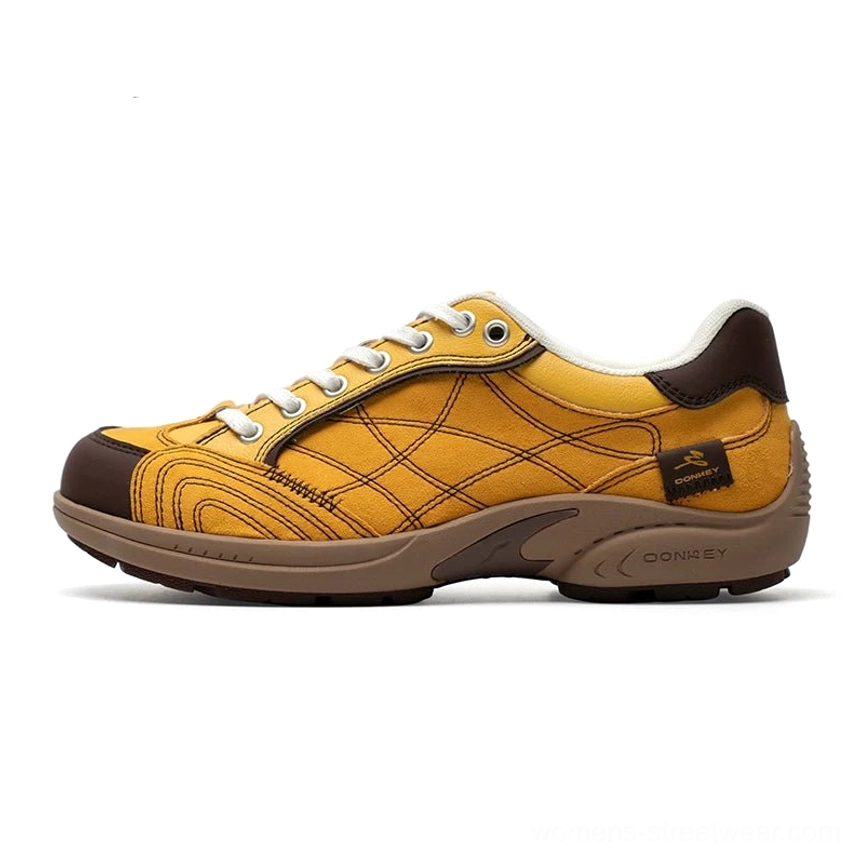 Cheese yellow retro cross-stitch runner sneakers with brown toe cap and gum rubber sole