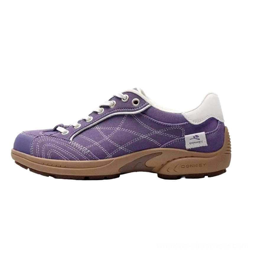 Purple retro cross-stitch low-top runner sneakers with white laces and brown rubber outsole