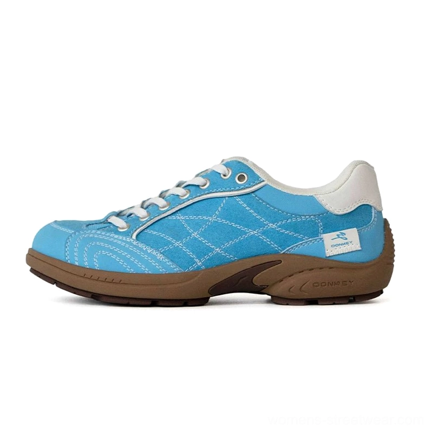 Sky blue retro cross-stitch runner sneakers with white laces and vintage brown rubber outsole