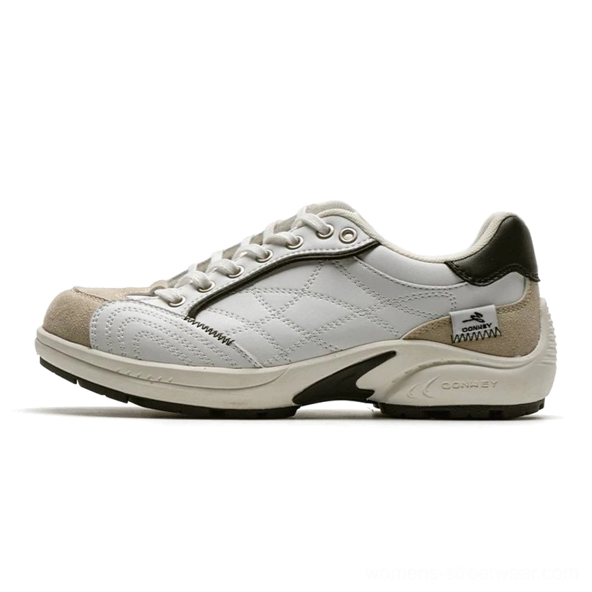 White and grey quilted retro runner sneakers with suede toe cap and dark green heel detail