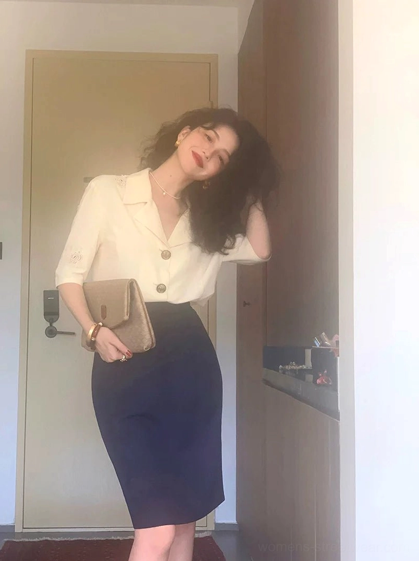 Dark navy retro knee-length pencil skirt styled with a lapel shirt in a polished Korean streetwear outfit