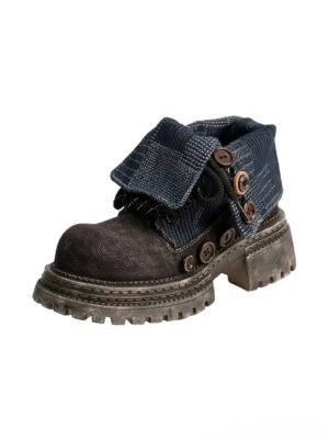 Retro denim cuff platform lace-up ankle boots with brown toe panel, metal buttons, and chunky lug sole on white background