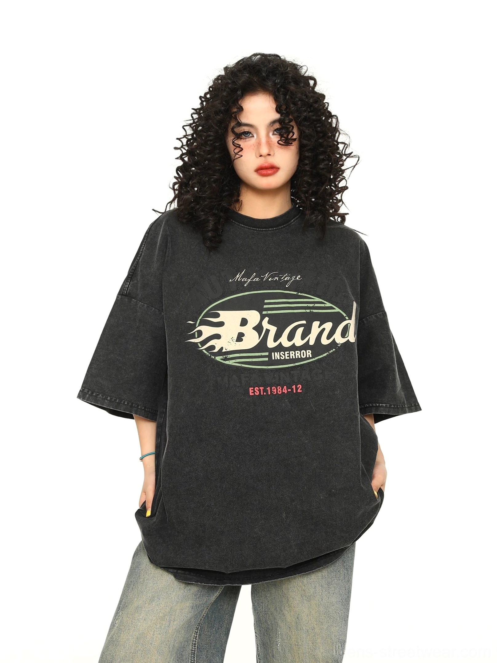 Black washed retro flame graphic oversized crew neck streetwear T-shirt front view