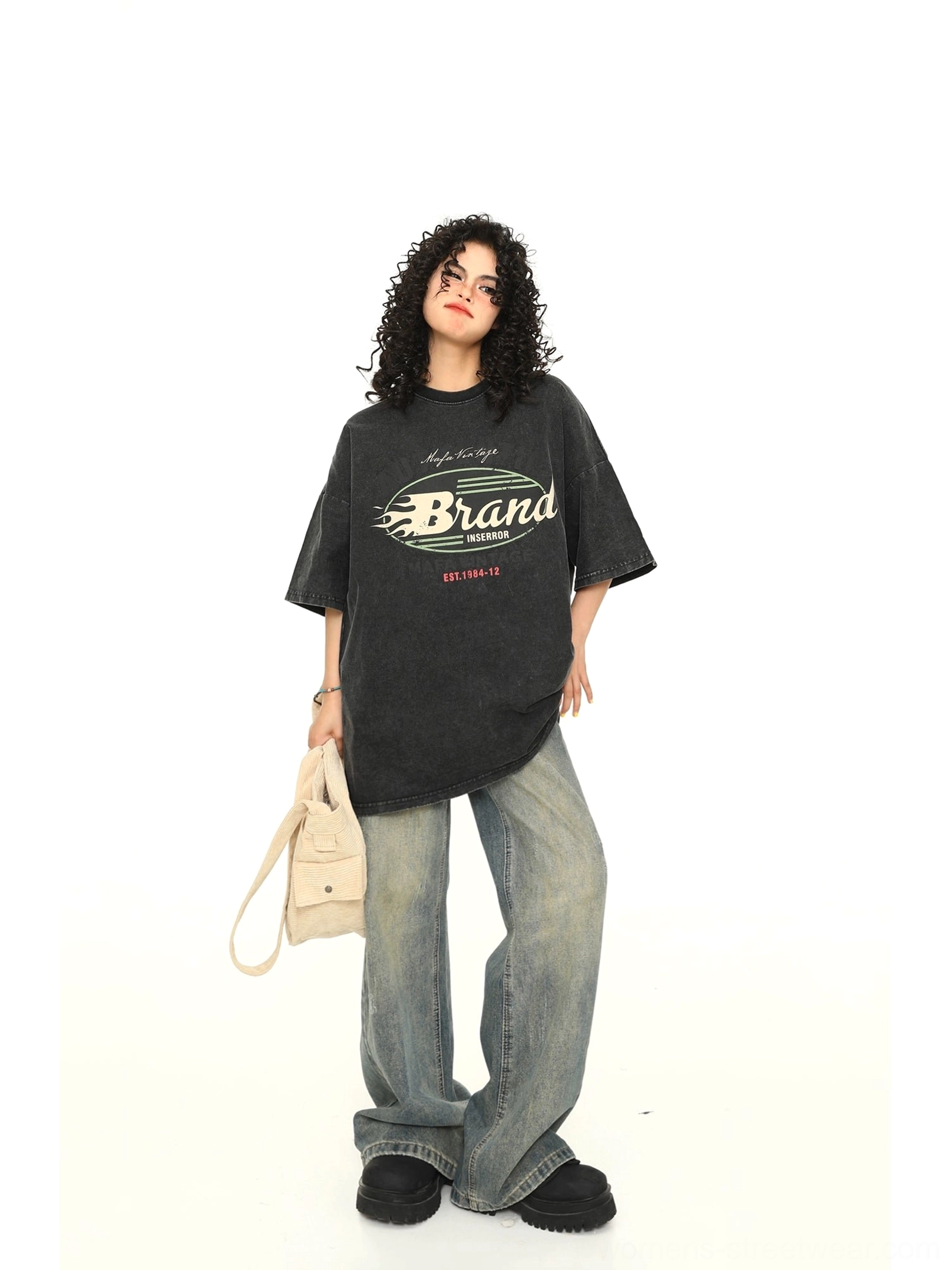 Black retro flame washed oversized graphic streetwear T-shirt with wide-leg denim full outfit view