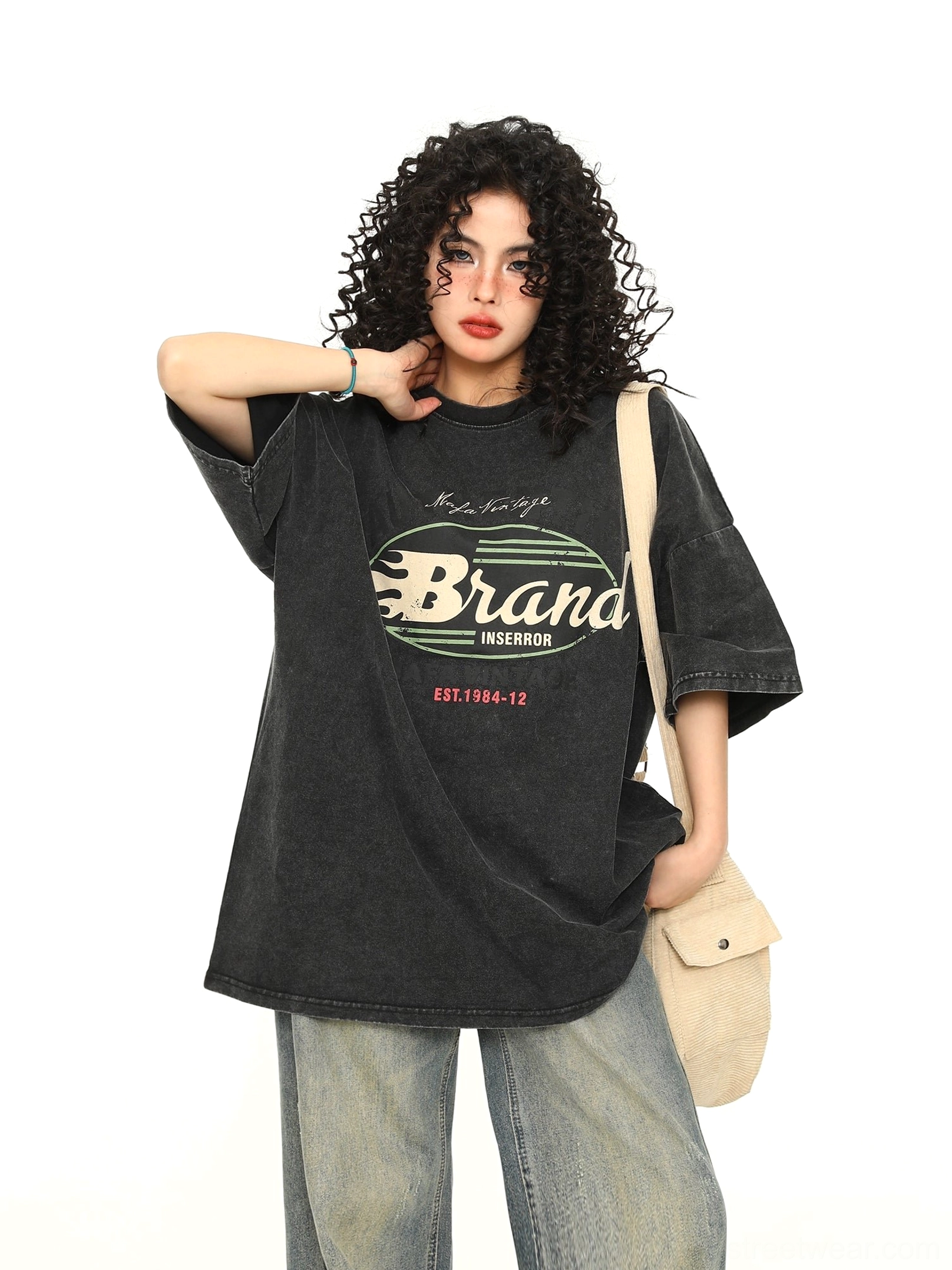 Black acid-washed retro flame graphic oversized T-shirt styled in Korean streetwear outfit