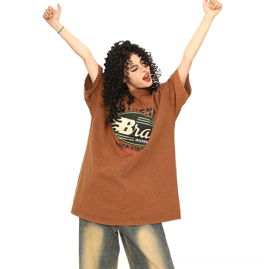 Brown retro flame washed oversized streetwear T-shirt product color variation