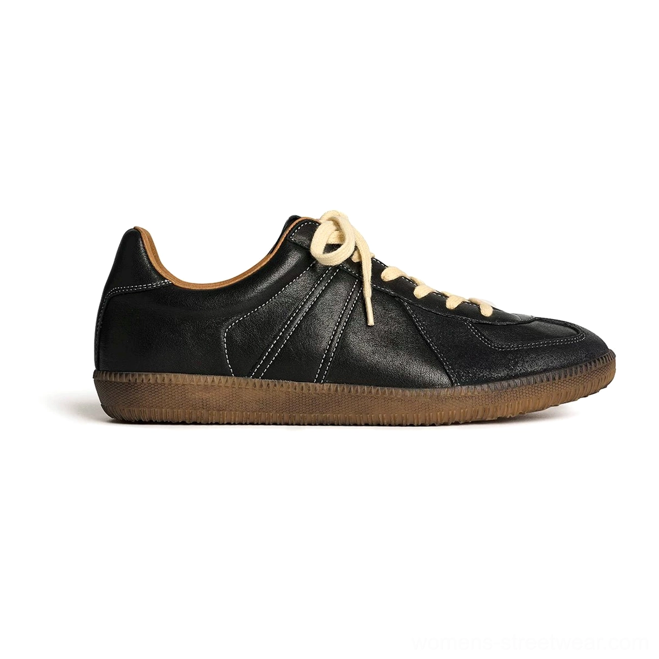 Black retro German army leather sneakers with vintage brown gum sole and cream laces