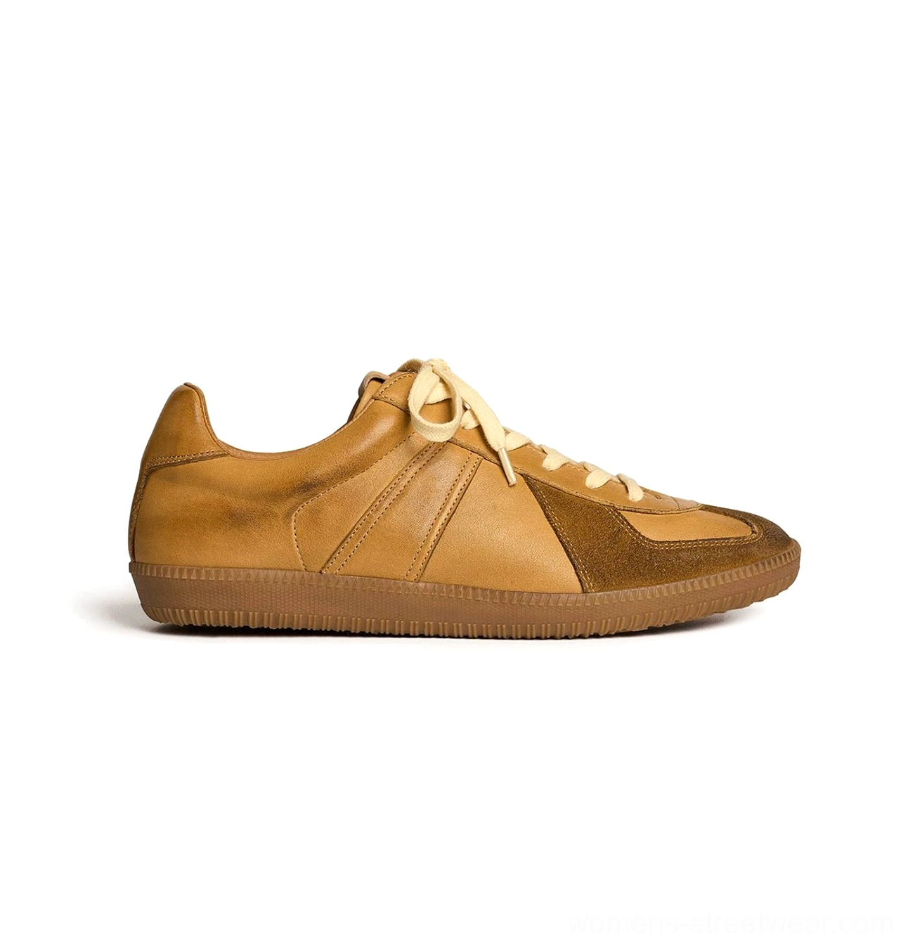 Brown retro German army leather sneakers with cream laces and vintage gum rubber sole
