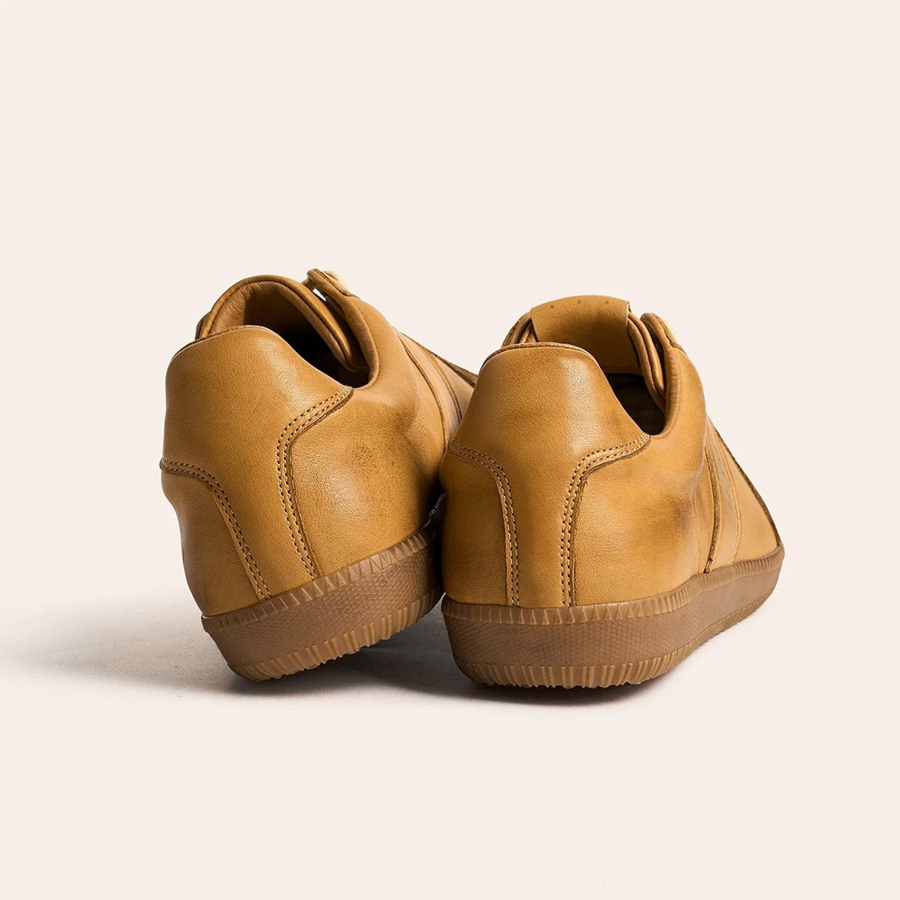 Retro German army leather sneakers with cream laces, leather lining, and durable gum rubber sole