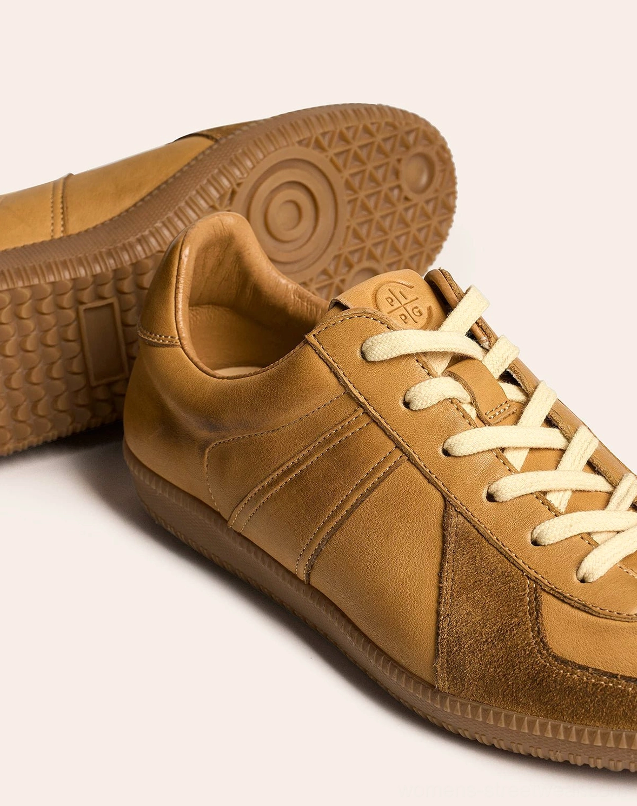 Retro German army leather sneakers with vintage gum sole detailed product view