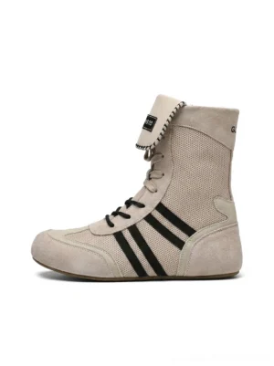 Off-white retro high-top boxing trainer boots with black side stripes, fold-over tongue, laces, and breathable mesh upper on a white background