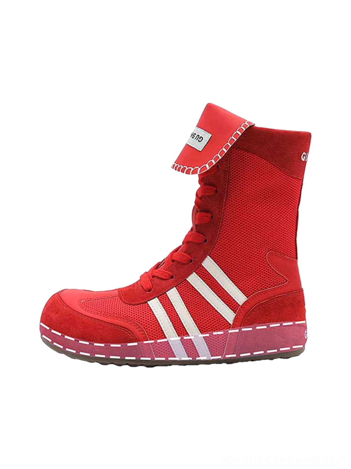 Red retro high-top boxing trainer boots with contrast side stripes, side zipper, adjustable laces, and fold-over tongue