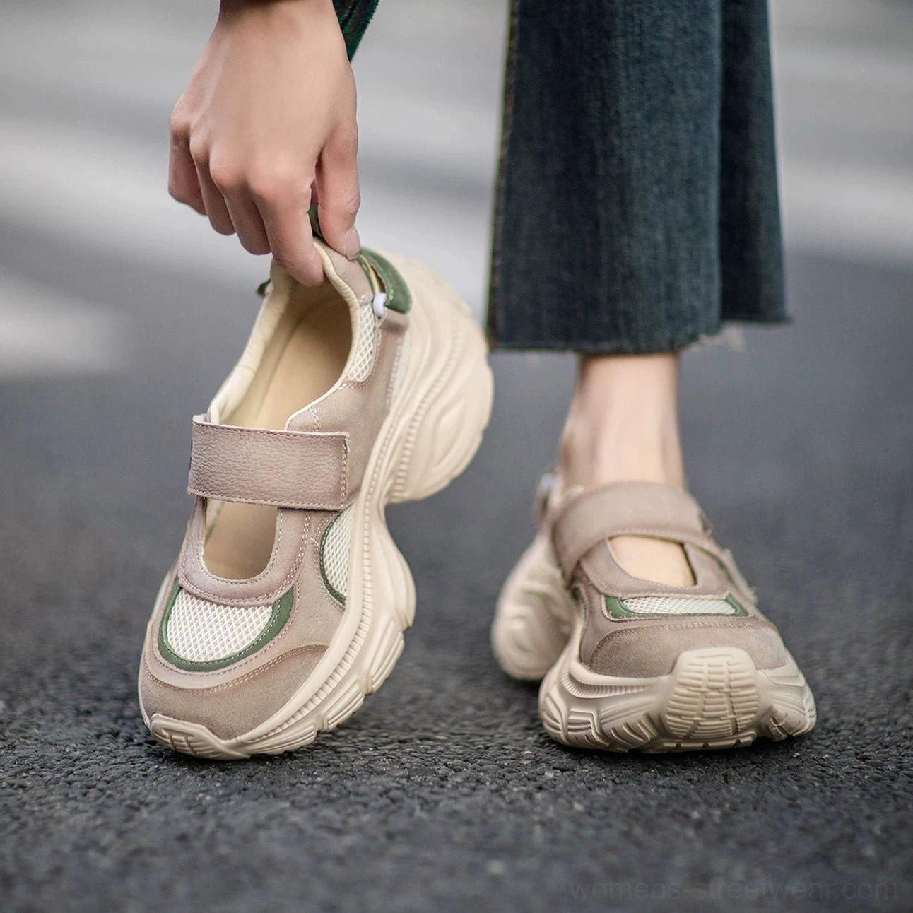Retro Mary Jane platform sneakers shown worn and held outdoors with breathable mesh toe box, khaki strap, green heel accent, and chunky off-white platform sole