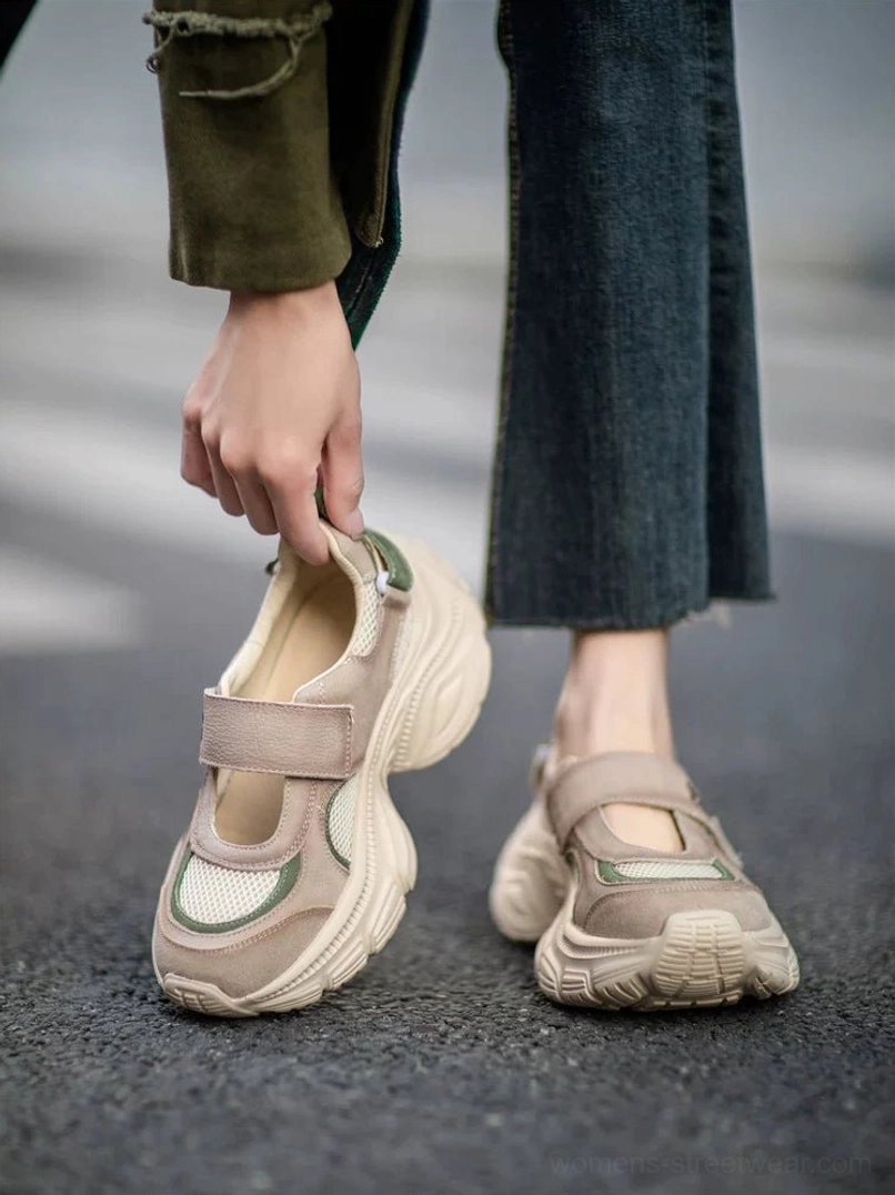 Retro Mary Jane platform sneakers shown worn and held outdoors with cropped flared jeans, breathable mesh toe panel, khaki upper, and off-white sculpted platform sole