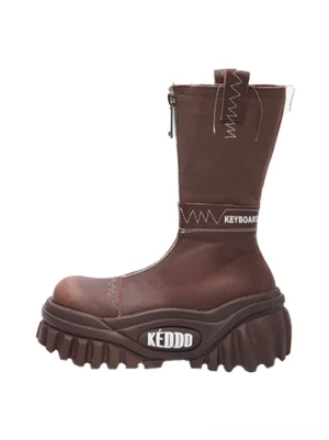 Brown retro mid-calf chunky platform motorcycle boot with leather canvas upper, front zip detail, and thick tread sole side view