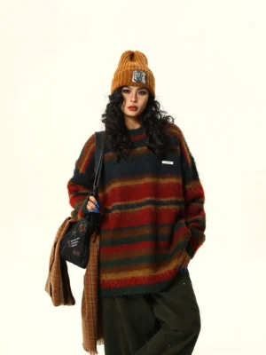 Retro multicolor striped fuzzy oversized crew neck sweater in a three-quarter front streetwear outfit with a mustard beanie