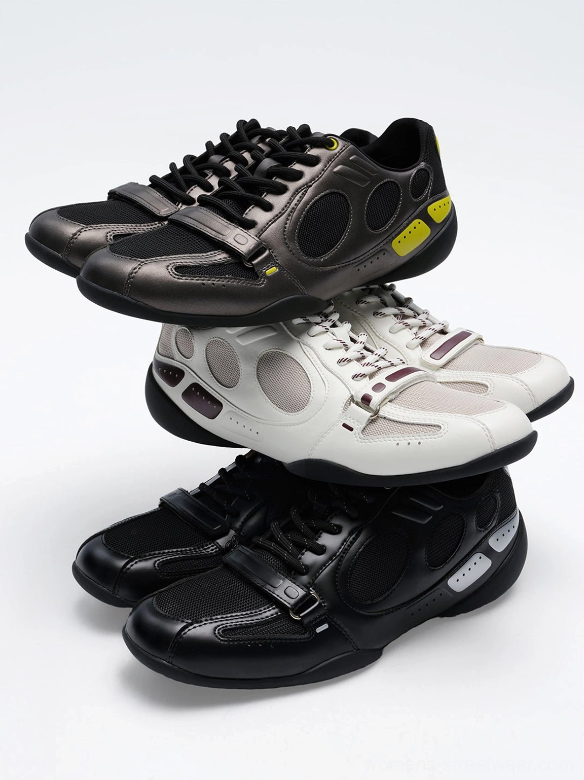 Retro perforated sport sneaker colorway comparison including white burgundy black silver and all black designs