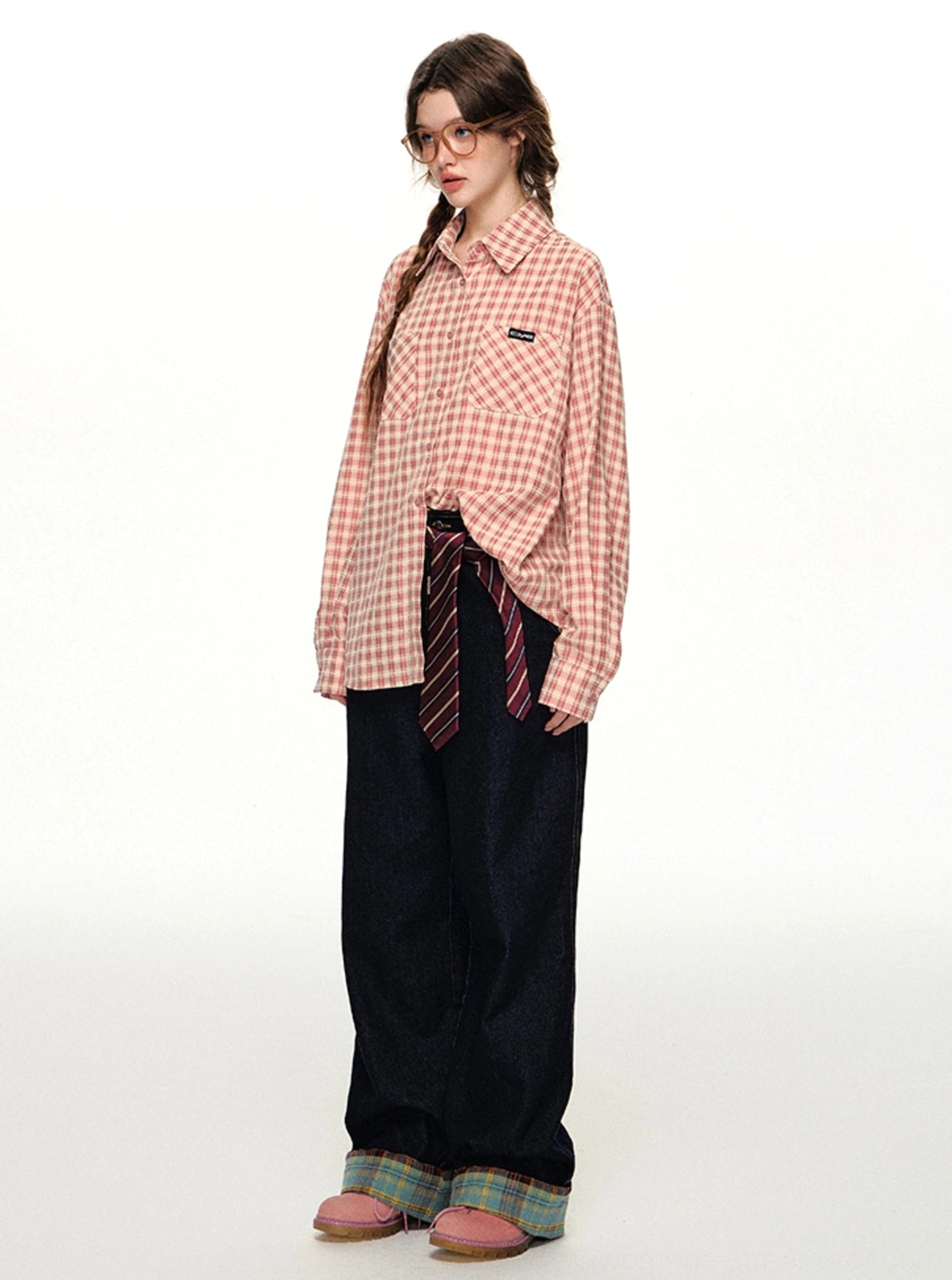 Retro pink plaid button-up shirt fashion product image for relaxed layering, Acubi styling, and everyday streetwear outfits