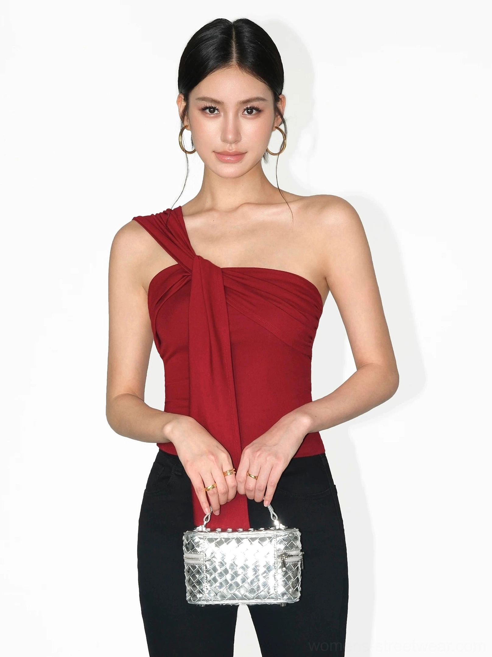 Retro Red asymmetric draped one-shoulder crop top with twisted neckline and fitted contemporary silhouette
